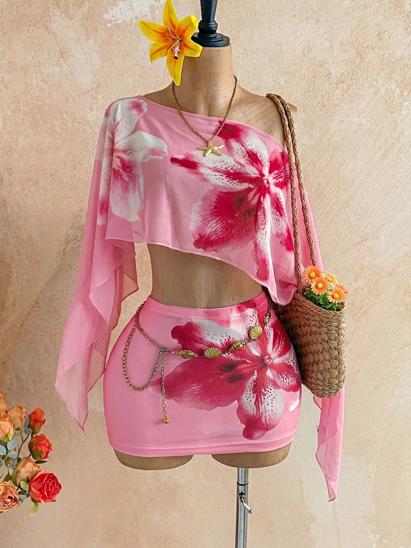 Pink Shawl Floral Two Piece