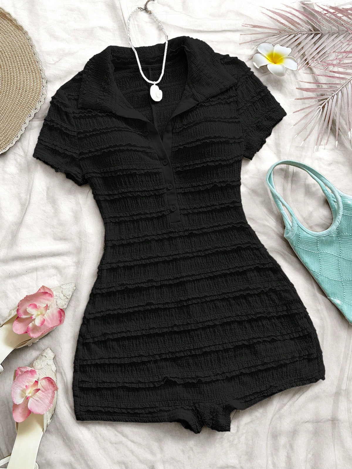 Textured Collar Romper - Black