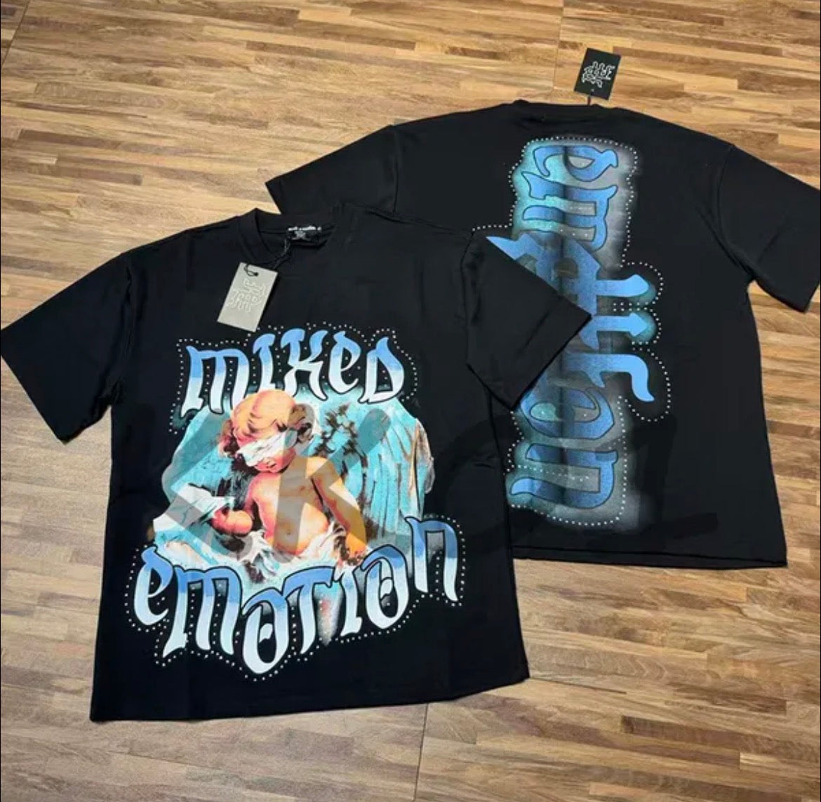 Mixed Emotion Blue Letter Black T-Shirt
