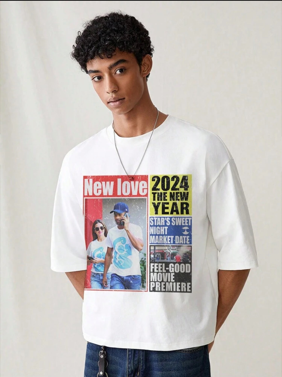 Newspaper Cropped White T-Shirt
