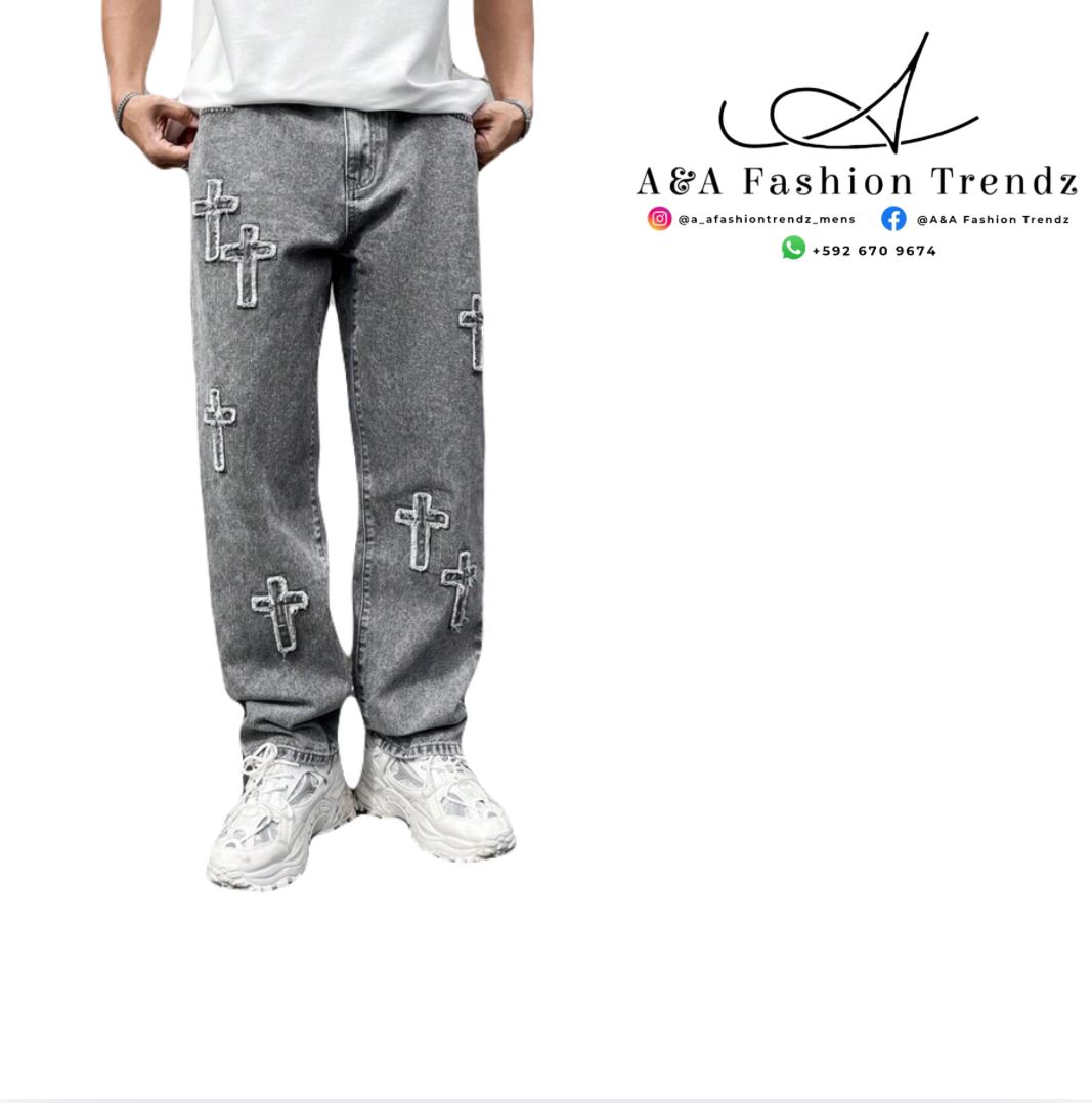 Embroidery Cross Grey Jeans