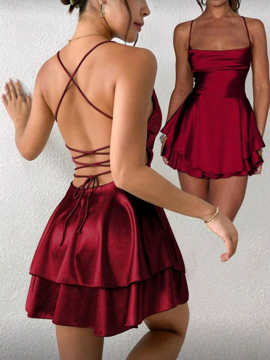 Satin Lace up Dress - Burgundy