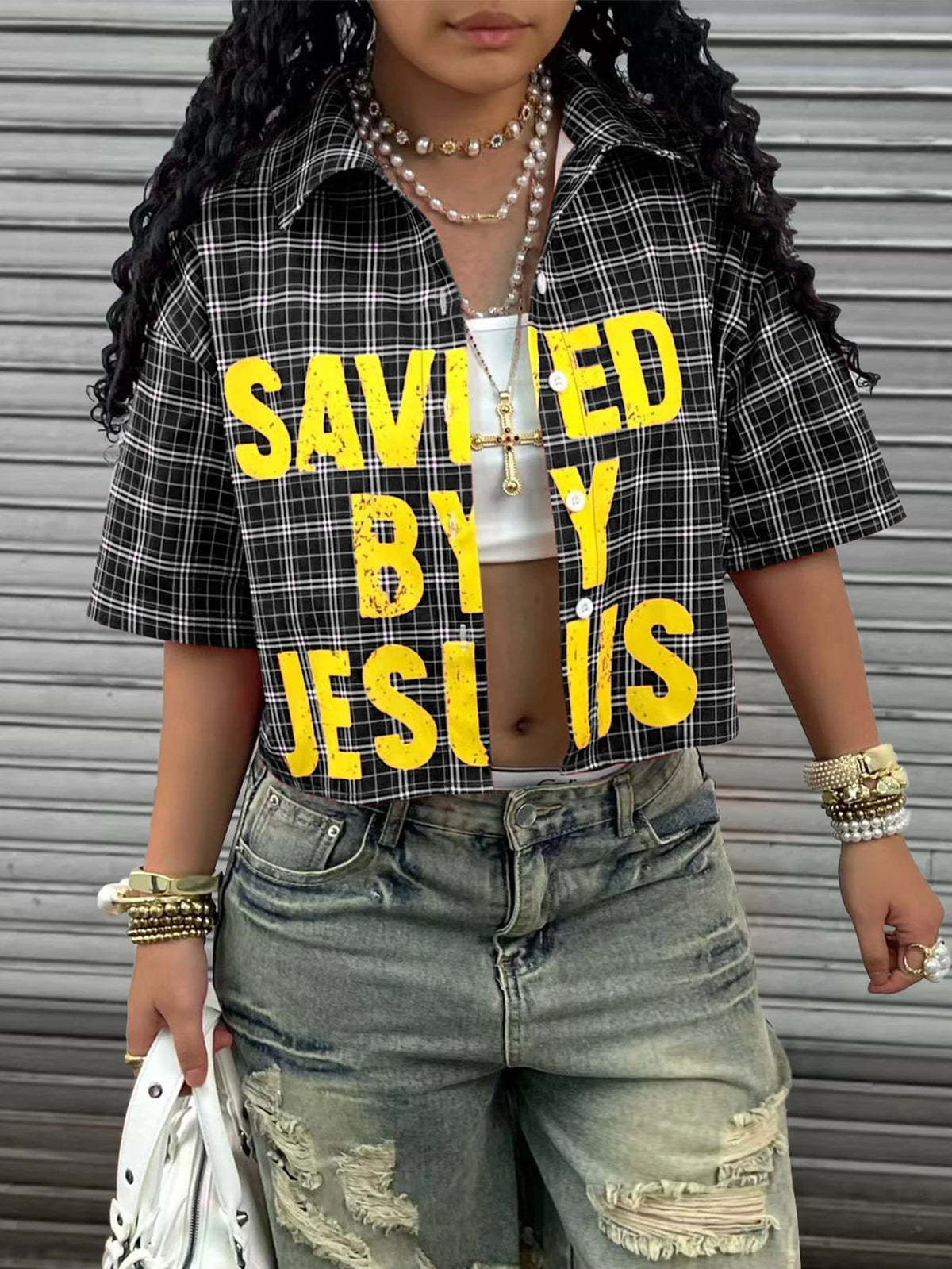 Cropped Checkered Shirt - Black