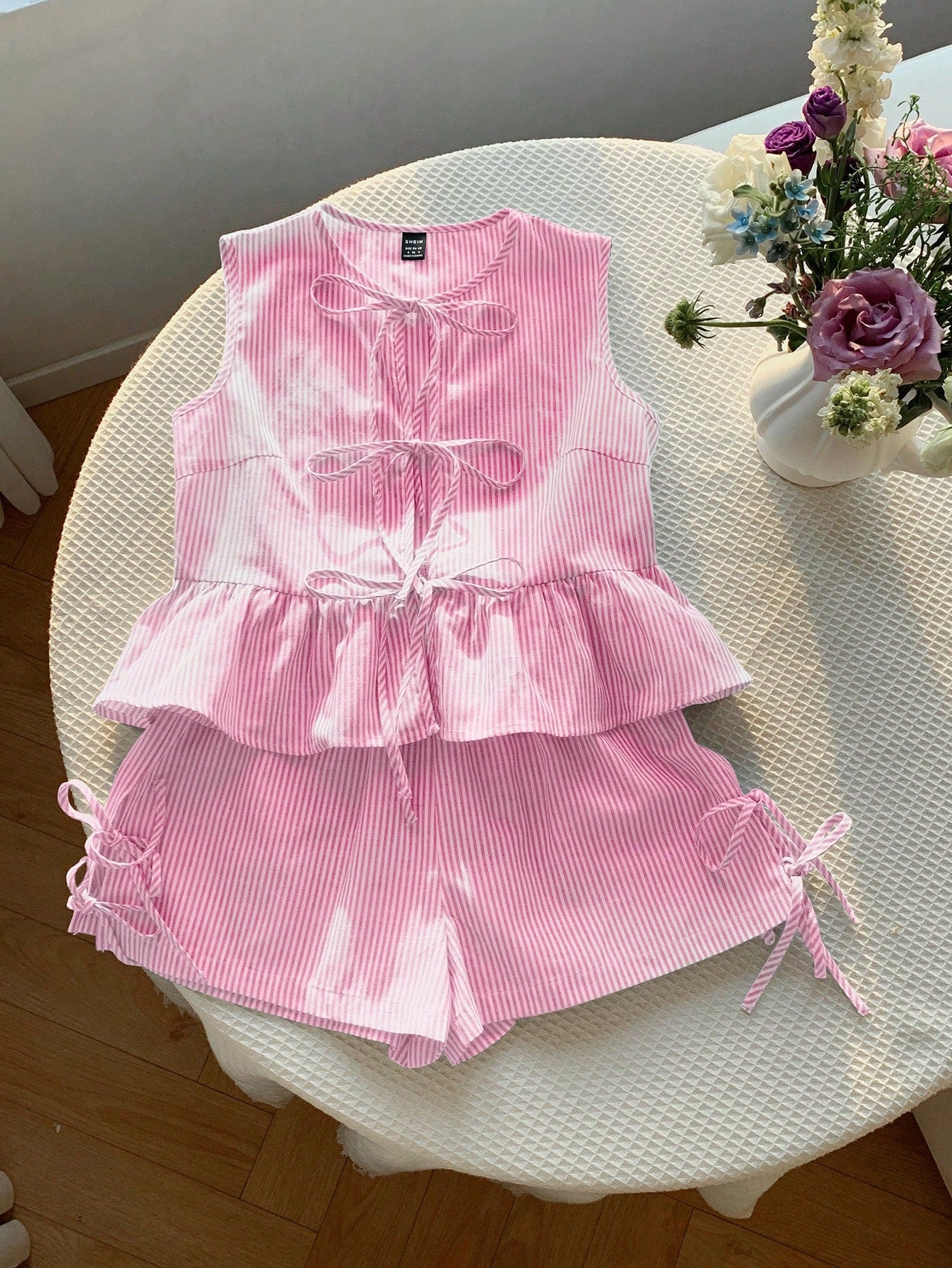 Striped Top (Full Top) & Shorts Two Piece Set - Pink