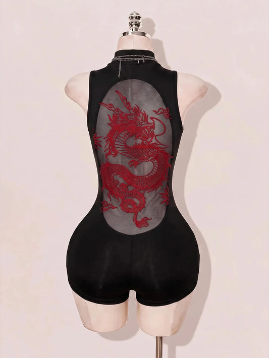 Dragon Printed Romper - Black/Red