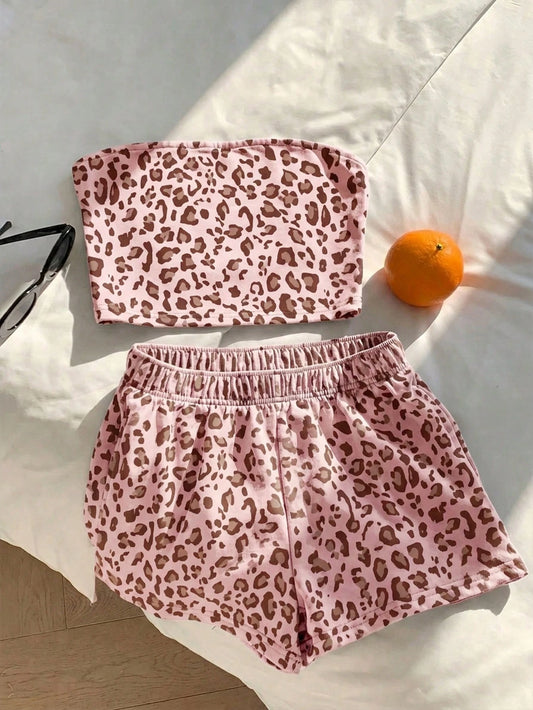 Cheetah Tube Top & Shorts Two Piece Set