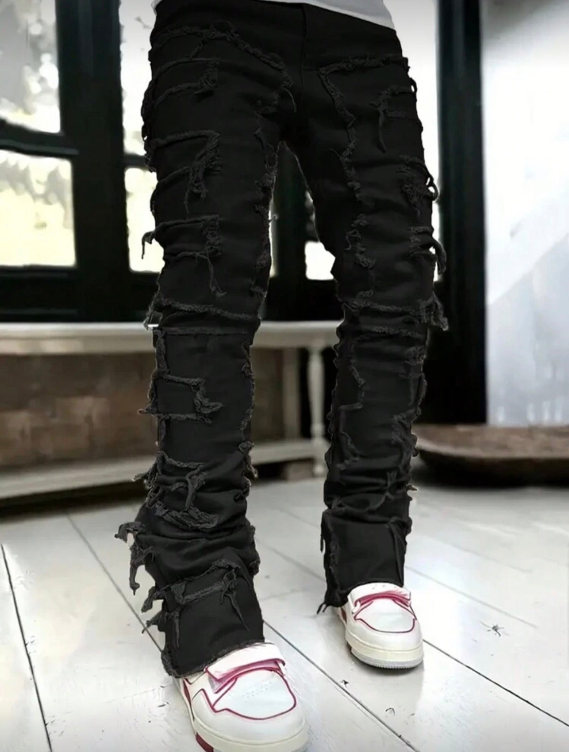 Black Distressed Flared Jeans