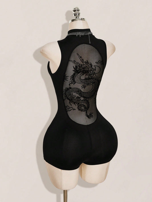 Dragon Printed Romper - Black