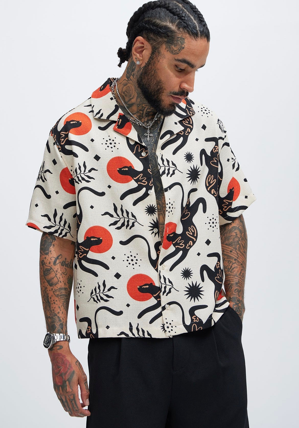 Dancing Cat Cream Button Up Shirt