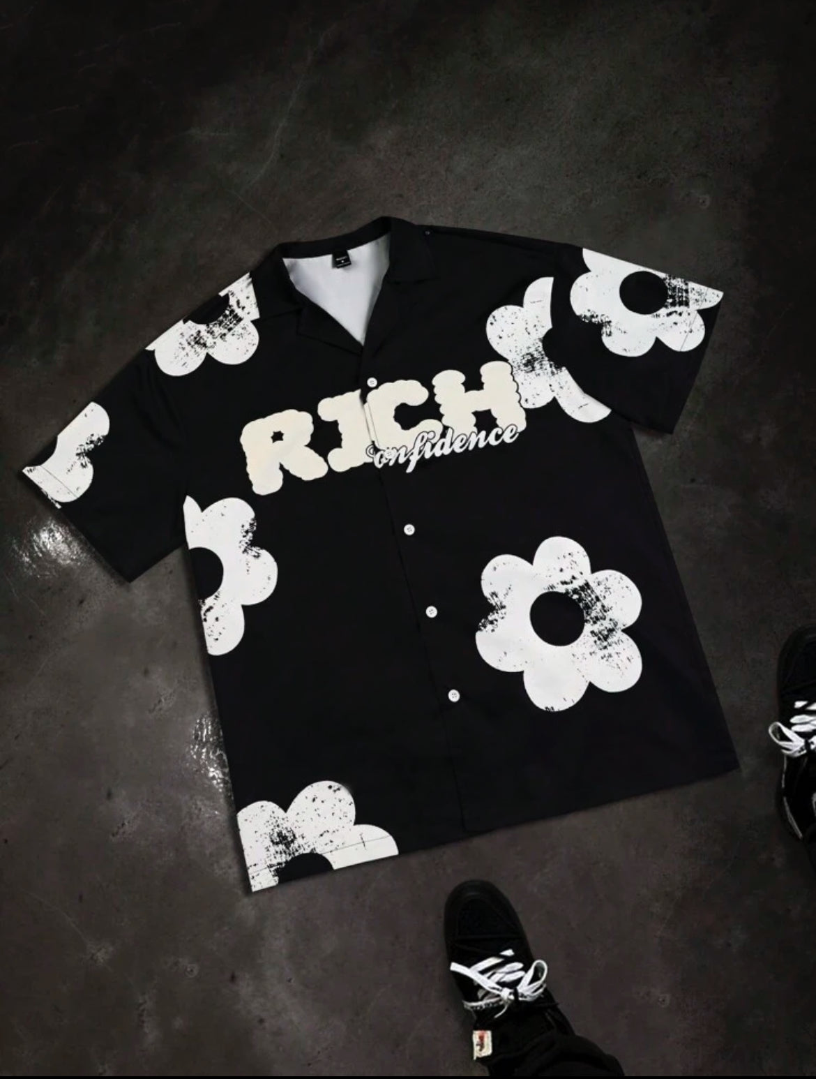 Button Rich Black Flowers Shirt