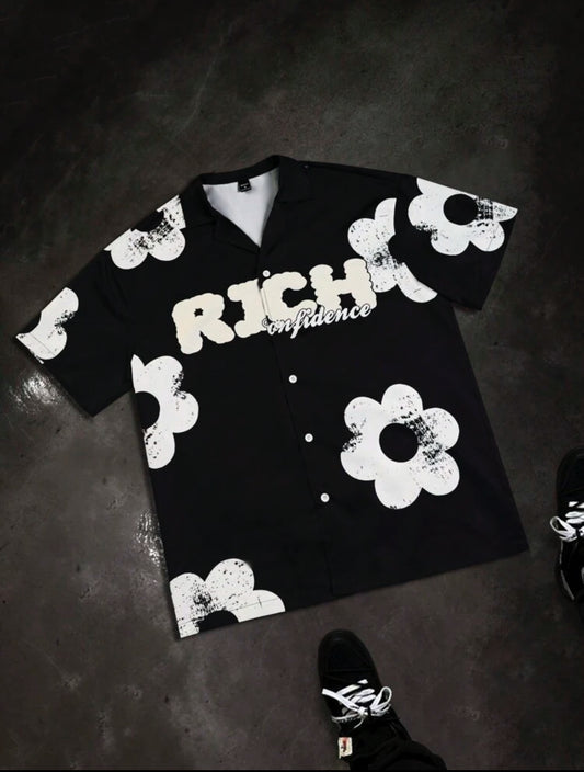 Button Rich Black Flowers Shirt