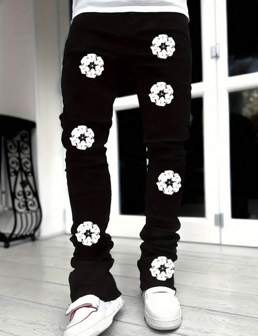 Men Black Flower Print Jeans