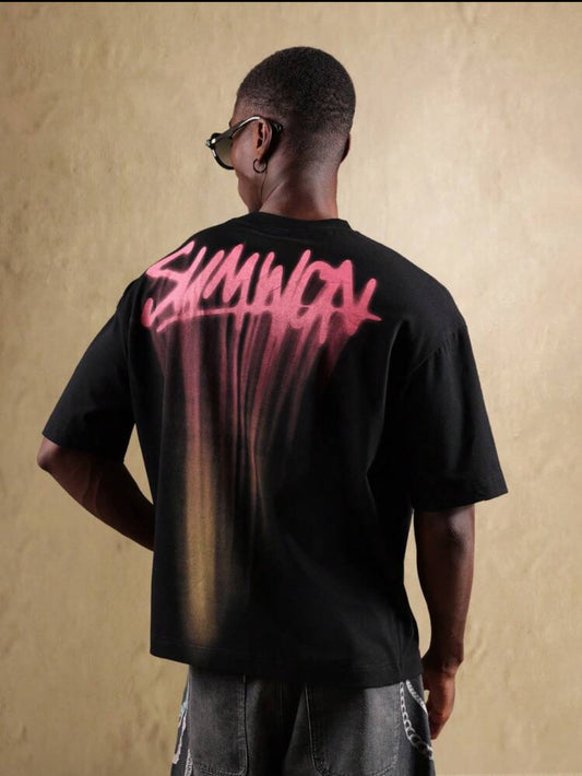 Sumwon Pink Shadow Letter Black T-Shirt