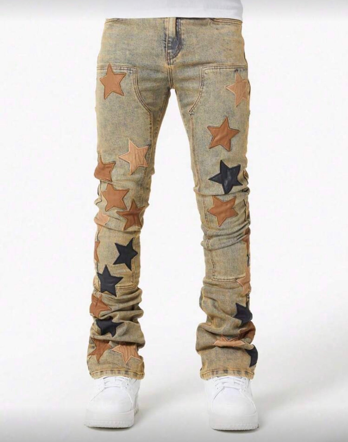 Men Star Embroidered Brown Jeans