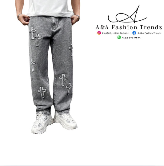 Embroidery Cross Grey Jeans