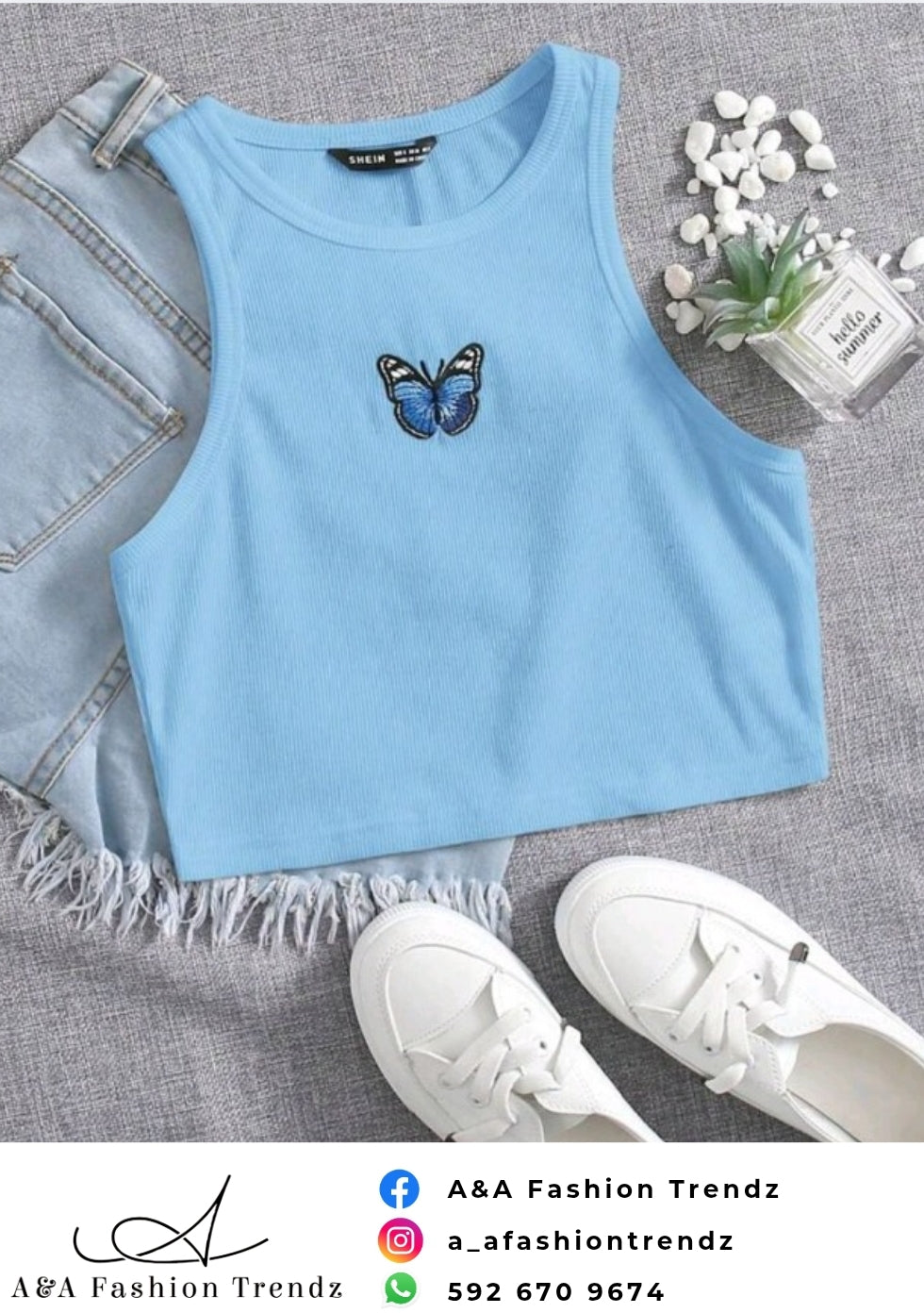 Blue Butterfly Embroidery Tee