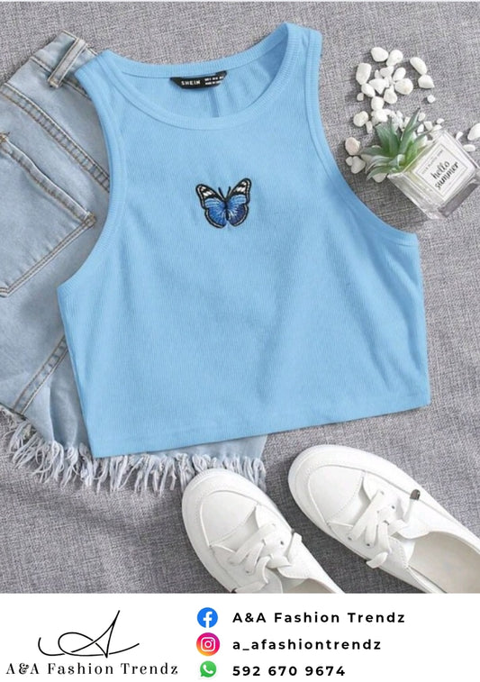 Blue Butterfly Embroidery Tee