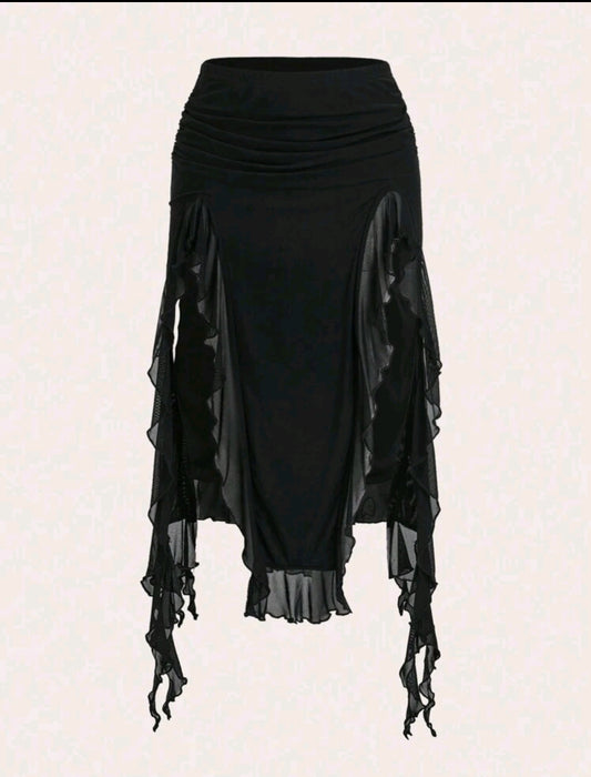 Long Black Slit Ruffle Skirt