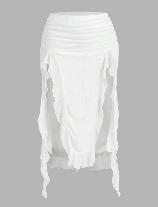 Long White Slit Ruffle Skirt