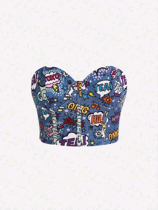 Graphic Denim Tube Top