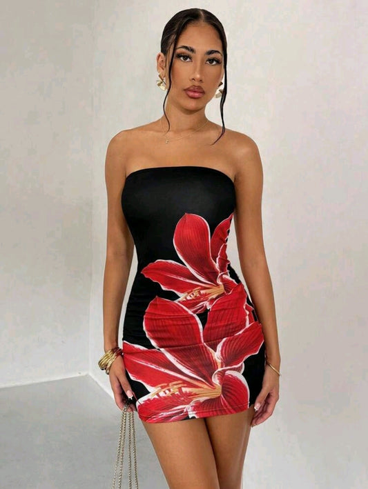Black Floral Tube Dress