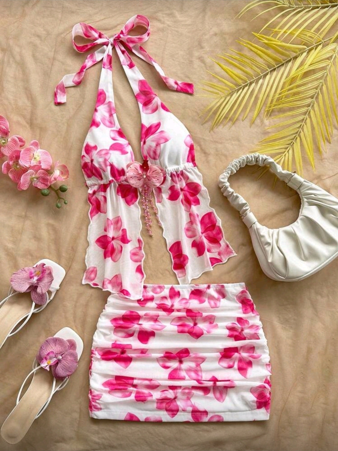 Pink White Floral Two Piece