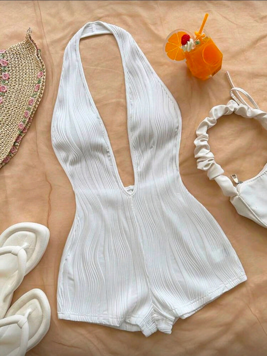 White Textured Romper
