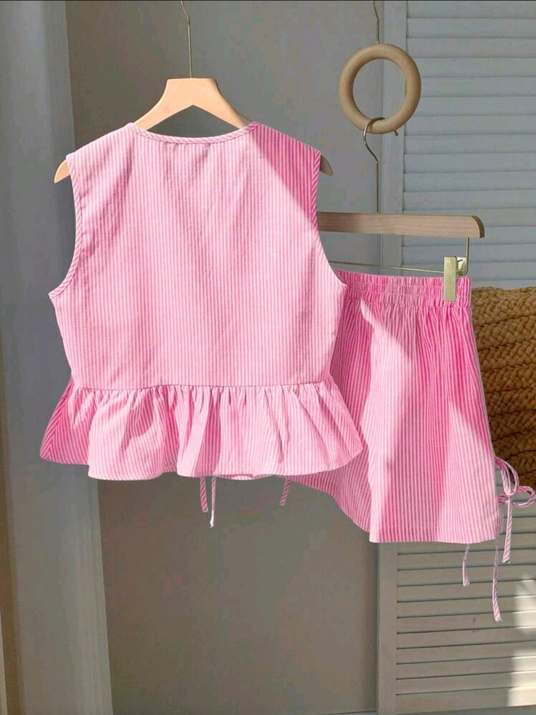 Striped Top (Full Top) & Shorts Two Piece Set - Pink