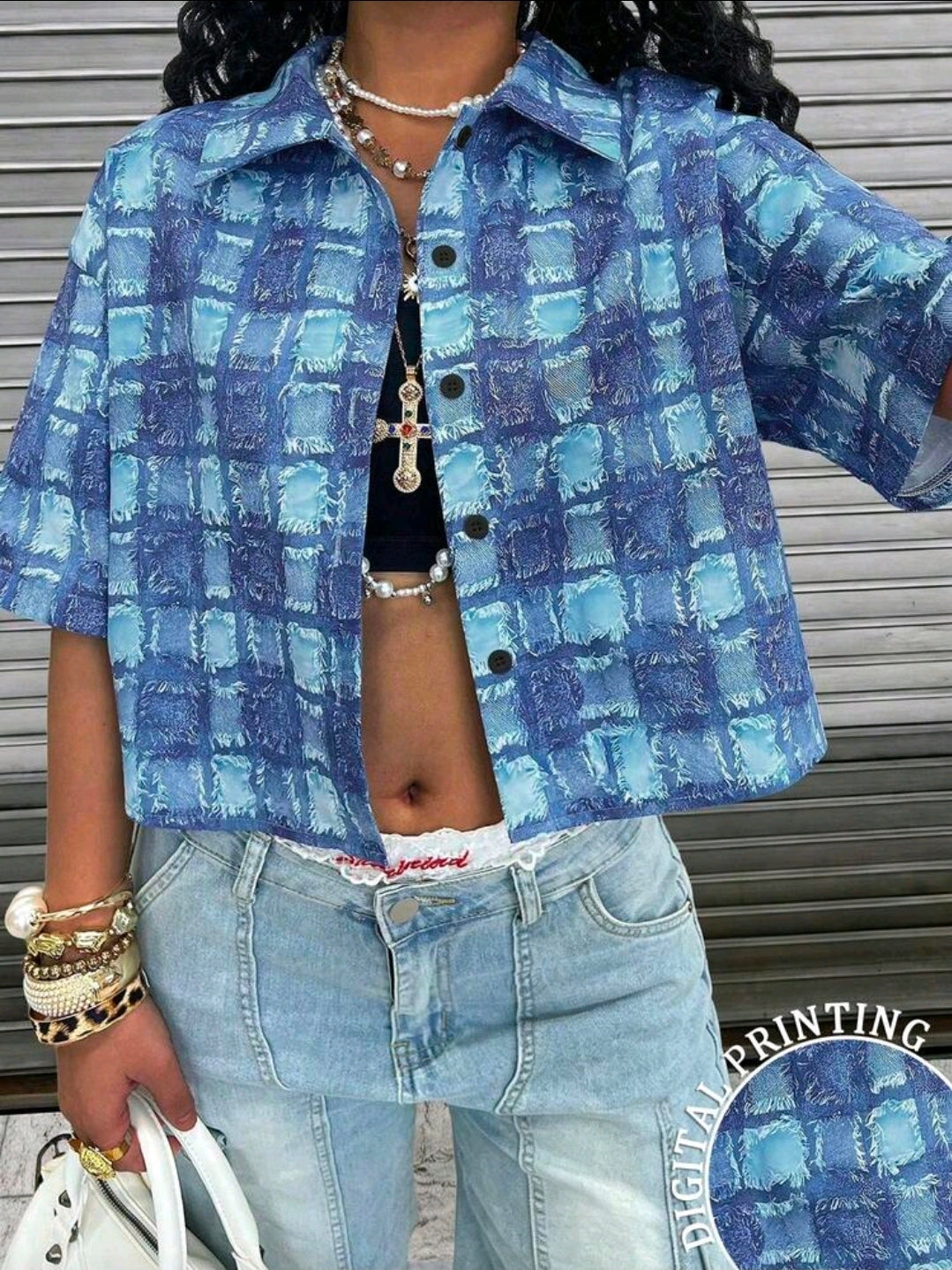 Cropped Checkered Shirt - Blue