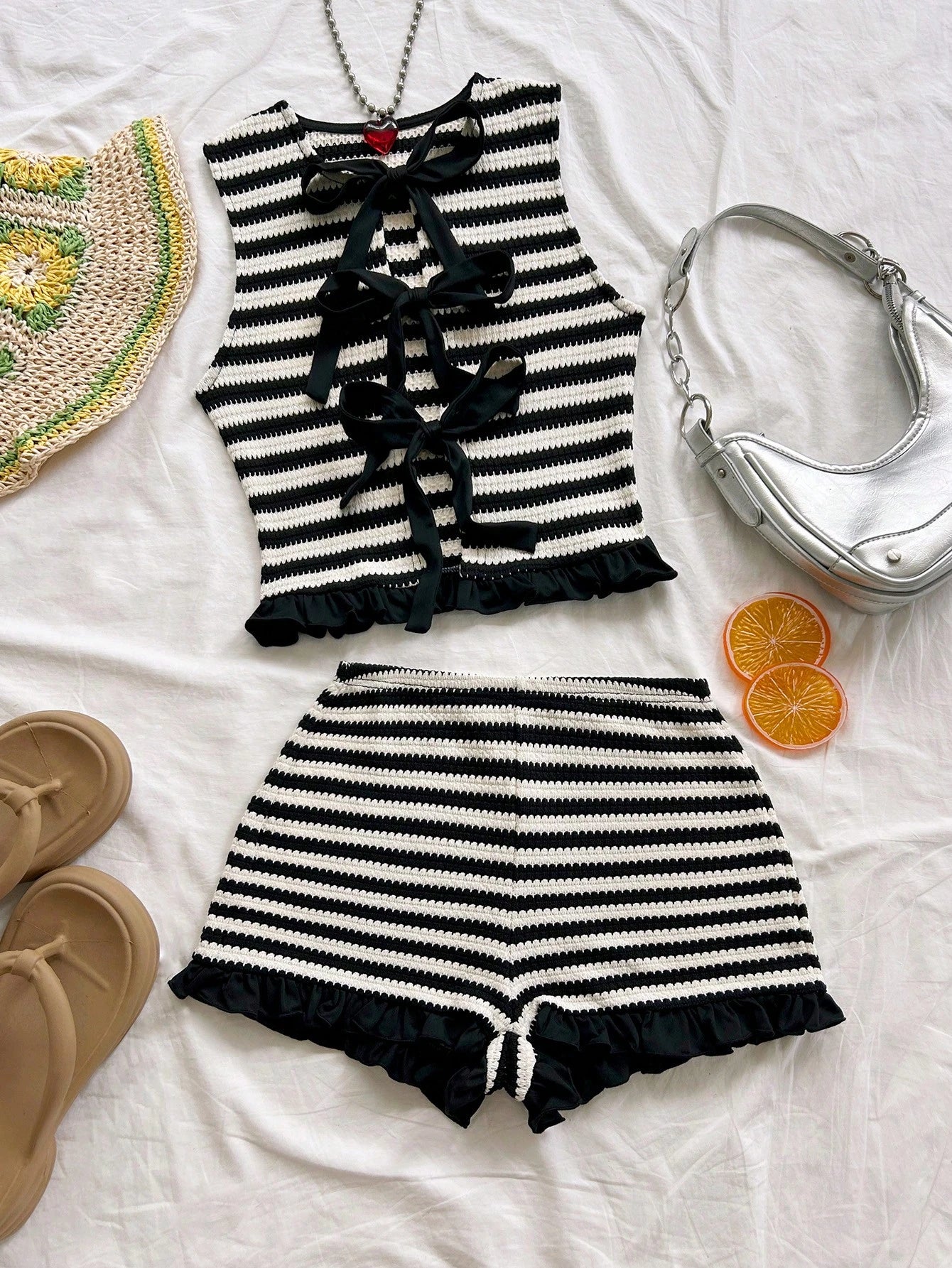 Bow Black White Crochet Two Piece