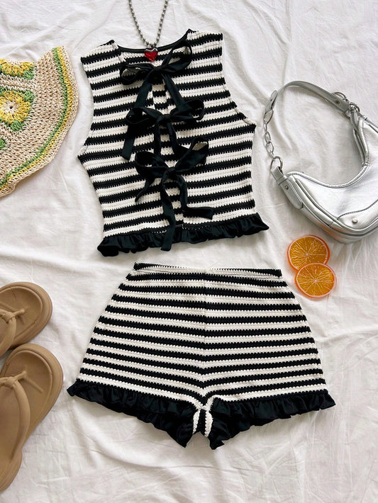 Bow Black White Crochet Two Piece