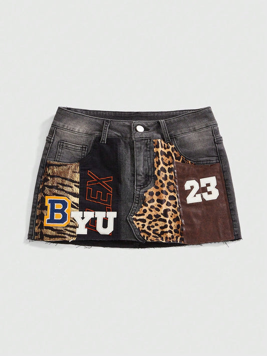 Denim Leopard Skirt - Black